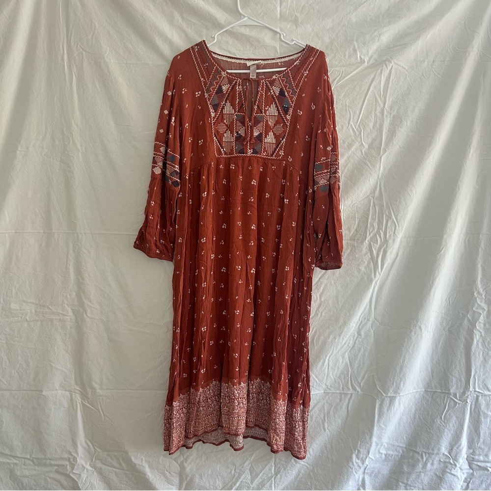 Bohemian Rust Midi Dress with Patterns